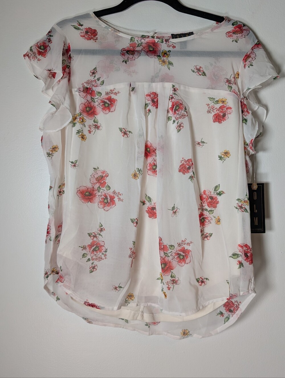 By Olm Floral Chiffon Blouse - White with Pink Floral Print Size L